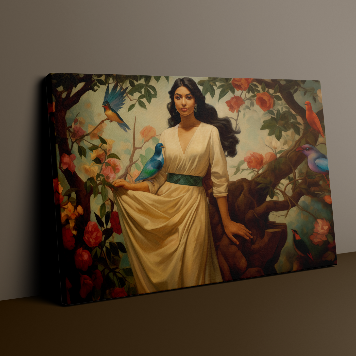 Woman Amongst flowers and birds | Canvas Wall Art