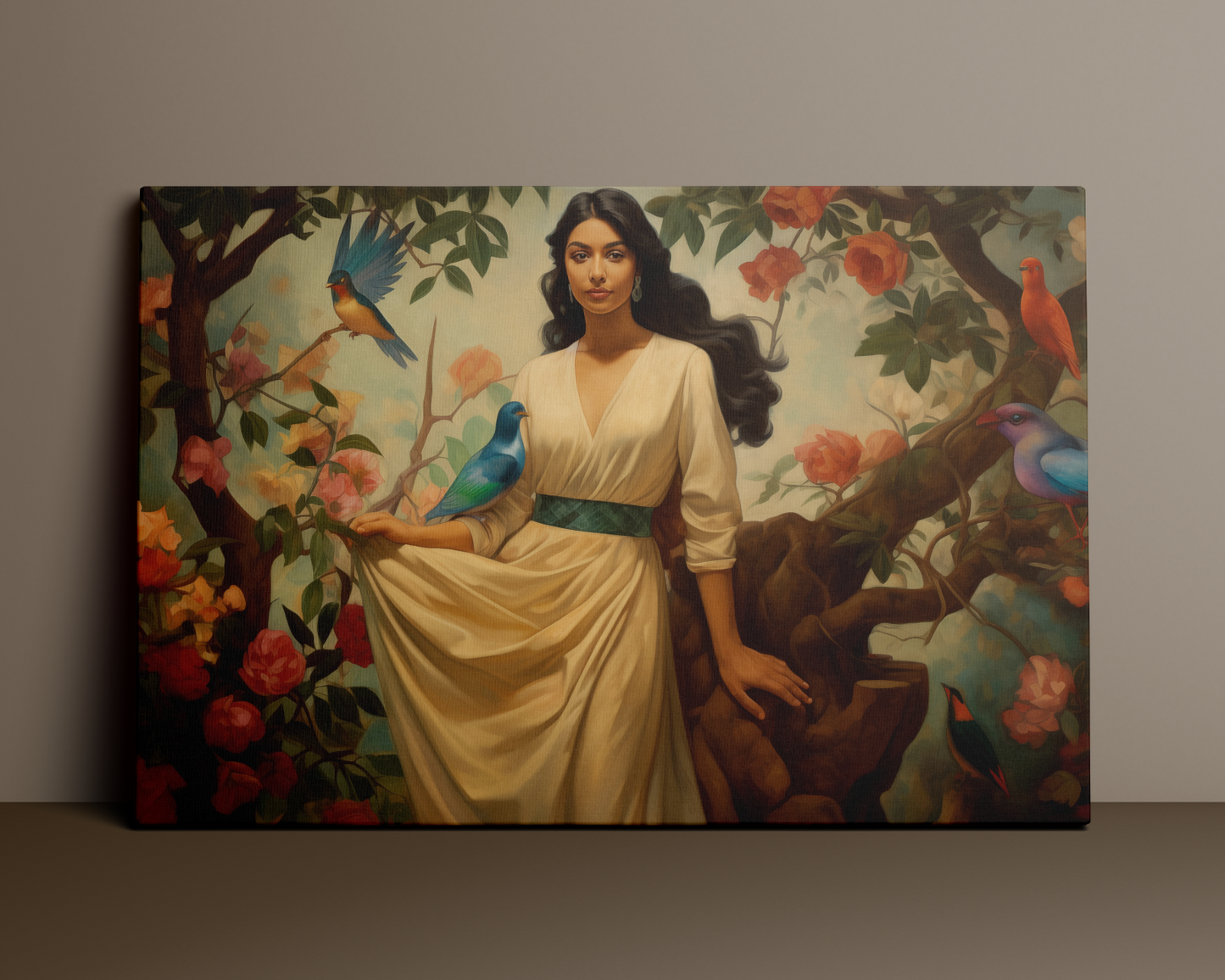 Woman Amongst flowers and birds | Canvas Wall Art