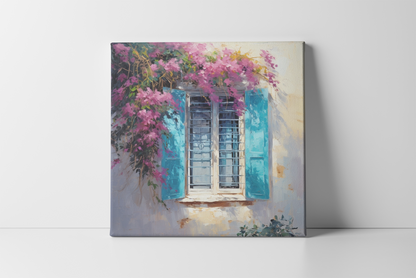Bogainvillea and Blue Window | Canvas Wall Art