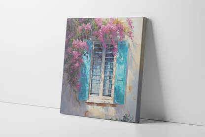 Bogainvillea and Blue Window | Canvas Wall Art