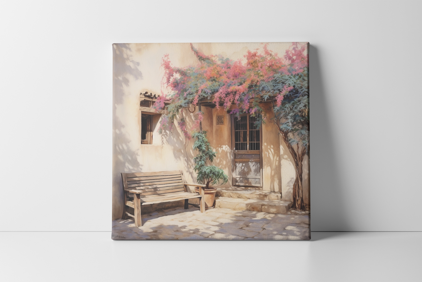 Bench by house | Canvas Wall Art
